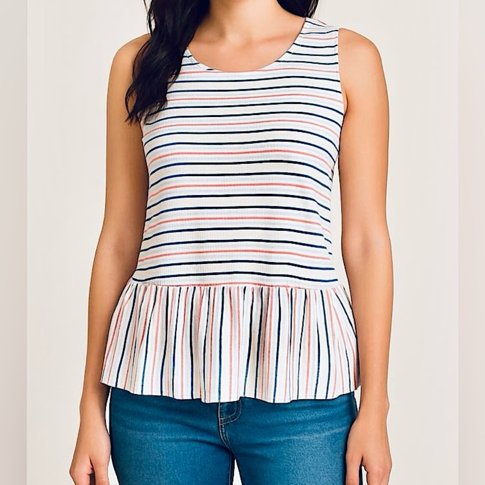 Ginger G Red White Blue Black Striped SZ L Coastal Nautical Preppy Maritime Top